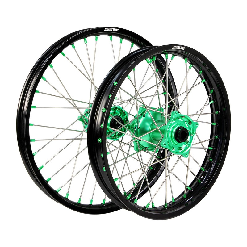 STATES MX WHEEL SET KAWASAKI KX80/85 SMALL WHEEL 17″ FRONT/14″ REAR – BLACK/GREEN