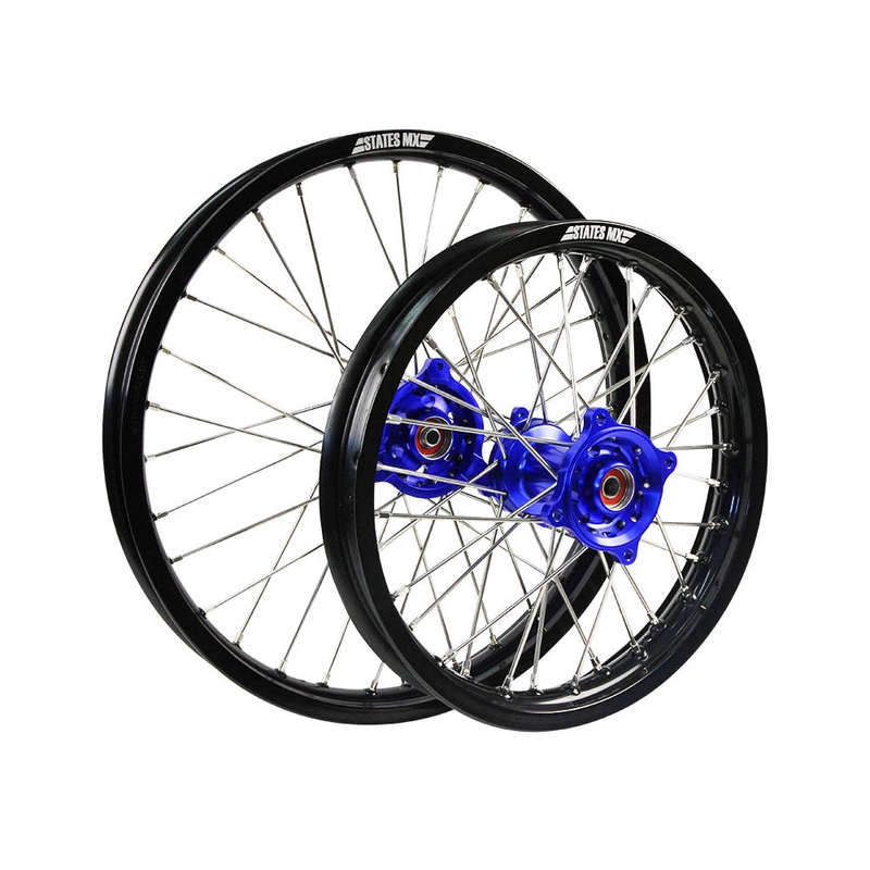 STATES MX WHEEL SET YAMAHA YZ85/SUZUKI RM85 SMALL WHEEL 17″ FRONT/14″ REAR – BLACK/BLUE