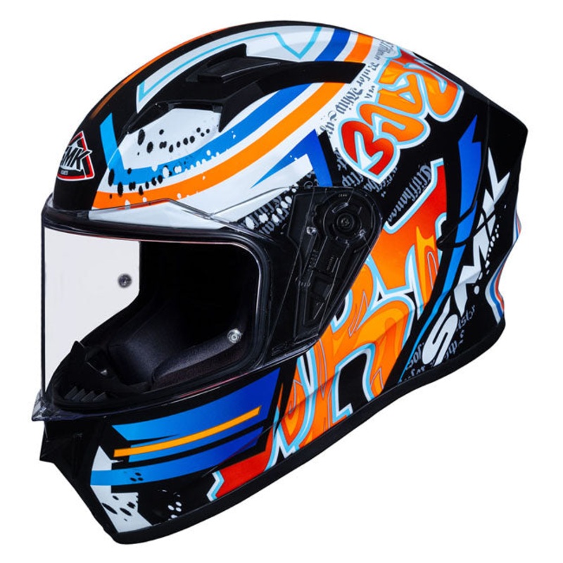 SMK Stellar Graffiti Motorcycle Full Face Helmet (GL237) – Black/Red/Orange XS