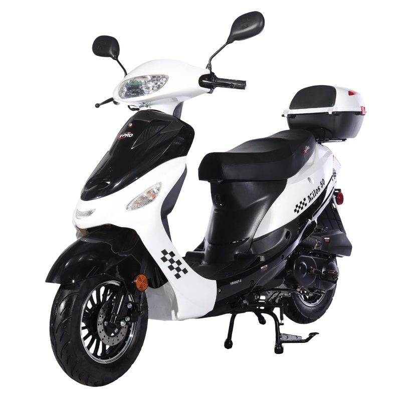 Free Shipping! X-PRO Milos 50cc Moped Scooter with 10″ Aluminum Wheels, Rear Trunk, Electric/Kick Start! Large LED Headlight! Black Factory Package