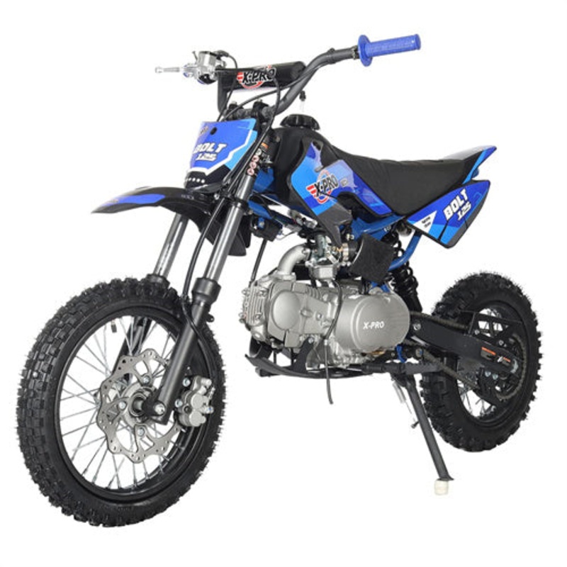 Free Shipping! X-PRO Bolt 125cc Dirt Bike with 4-Speed Semi-Automatic Transmission, Kick Start, Big 14″/12″ Tires! Zongshen Brand Engine! Blue Factory Package